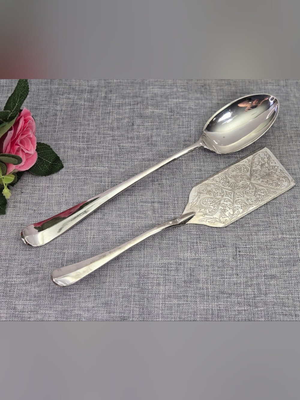 Vintage Leonard Italy Silverplate Serving Spoon & Ornate Matching Pastry Server